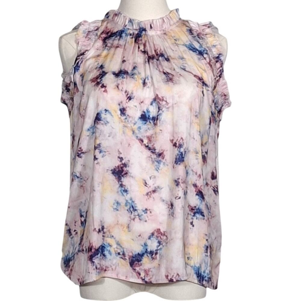 Anthropologie Small Blouse Ruffled Collar Sleeveless Pink Blue Yellow